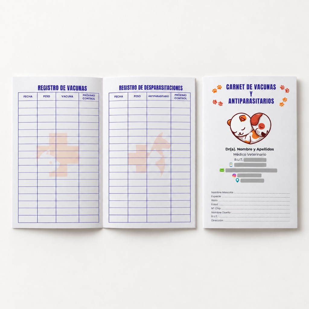 Carnet de Control Veterinaria personalizado en opalina blanca 200 gr.