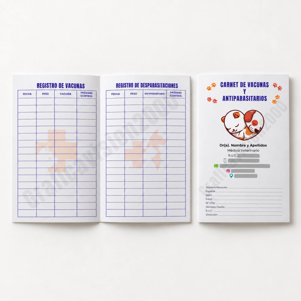 Carnet de vacunas y antiparasitarios personalizado con portada e interior