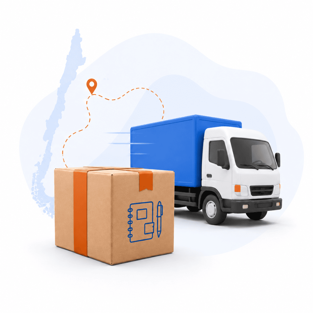 Ilustración de envíos a todo Chile con caja de productos y camión de reparto